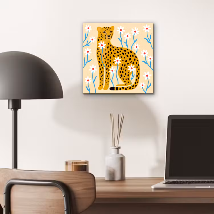 Alu-Dibond-Bild - Tiere – Gepard – Blumen – Modern – Gelb — 6