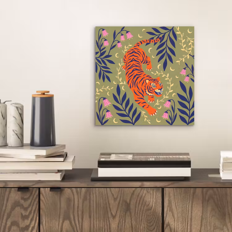 Alu-Dibond-Bild - Tiger – Blätter – Tiere – Illustration – Orange — 2
