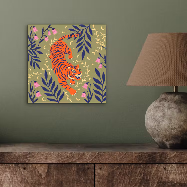 Alu-Dibond-Bild - Tiger – Blätter – Tiere – Illustration – Orange — 3