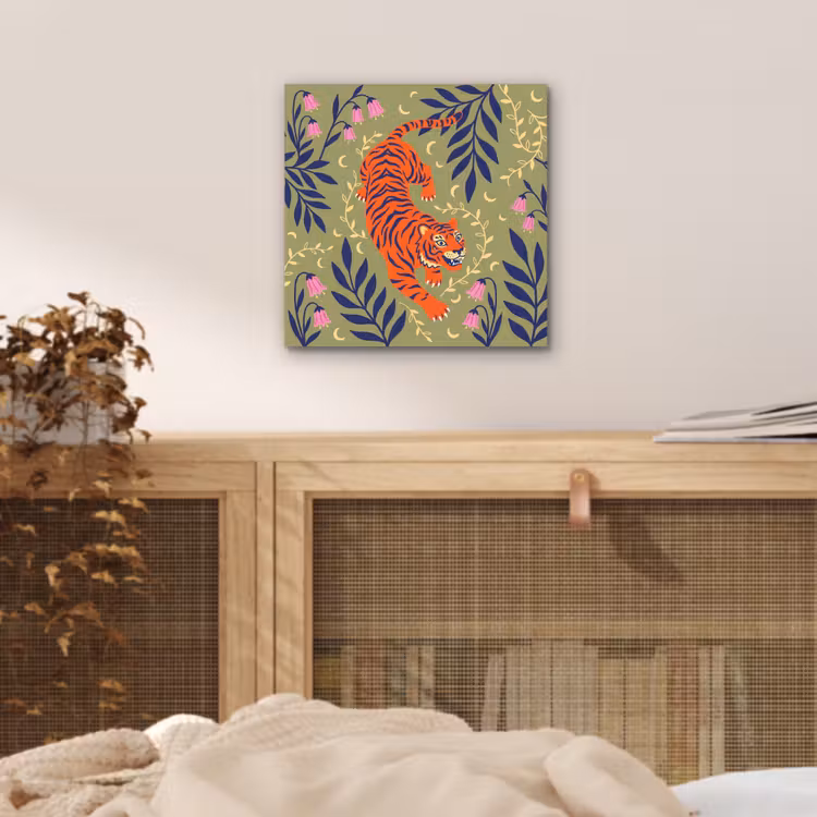 Alu-Dibond-Bild - Tiger – Blätter – Tiere – Illustration – Orange — 4