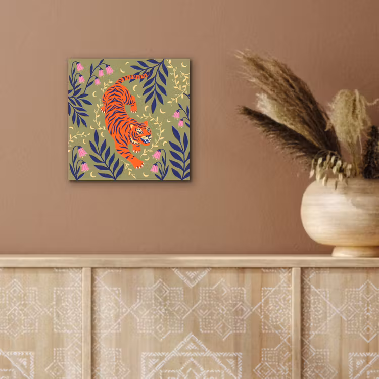 Alu-Dibond-Bild - Tiger – Blätter – Tiere – Illustration – Orange — 5