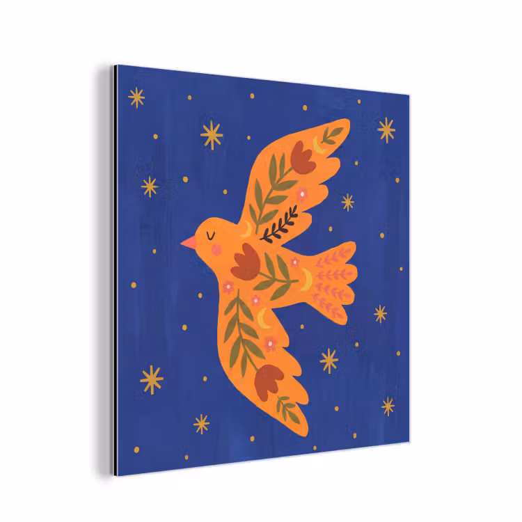 Alu-Dibond-Bild - Vogel – Blumen – Dekorativ – Orange – Blau — 1