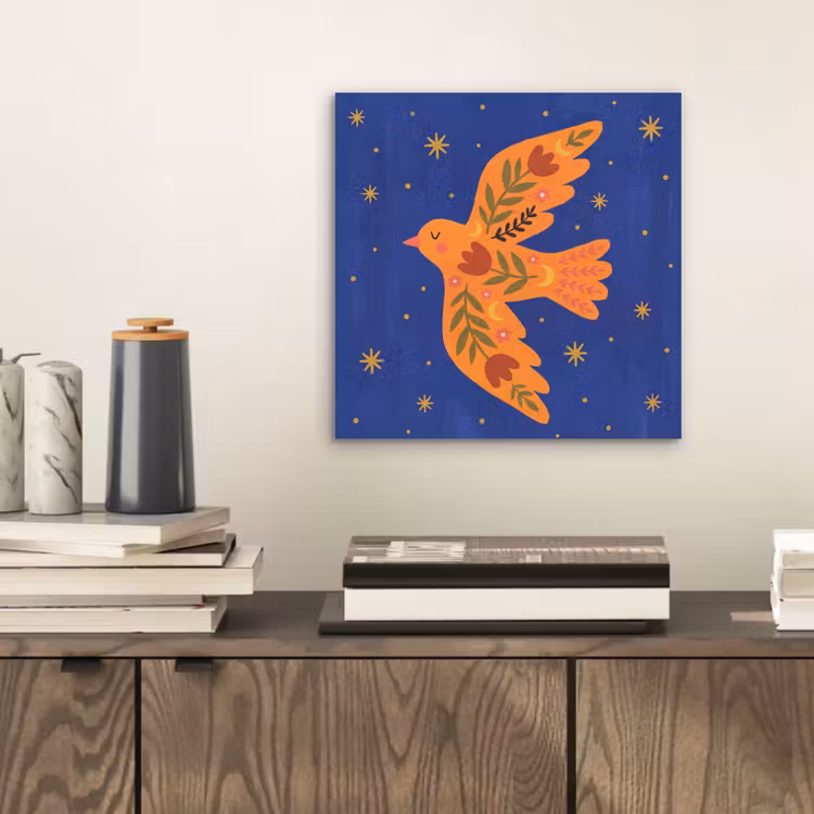 Alu-Dibond-Bild - Vogel – Blumen – Dekorativ – Orange – Blau — 2