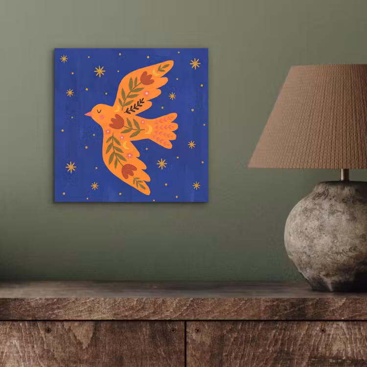 Alu-Dibond-Bild - Vogel – Blumen – Dekorativ – Orange – Blau — 3