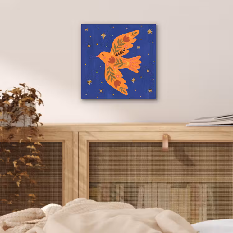 Alu-Dibond-Bild - Vogel – Blumen – Dekorativ – Orange – Blau — 4