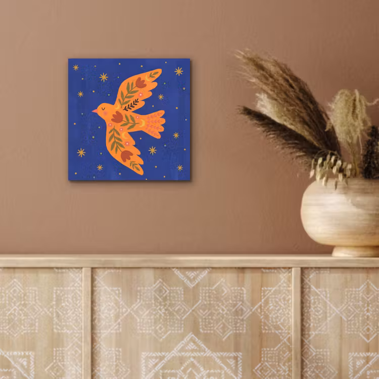 Alu-Dibond-Bild - Vogel – Blumen – Dekorativ – Orange – Blau — 5
