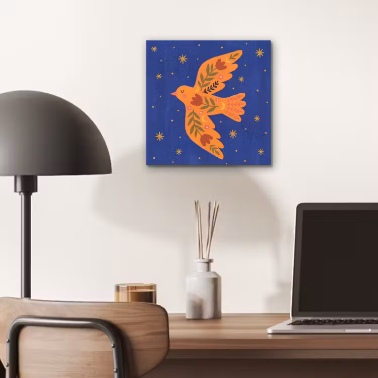 Alu-Dibond-Bild - Vogel – Blumen – Dekorativ – Orange – Blau — 6