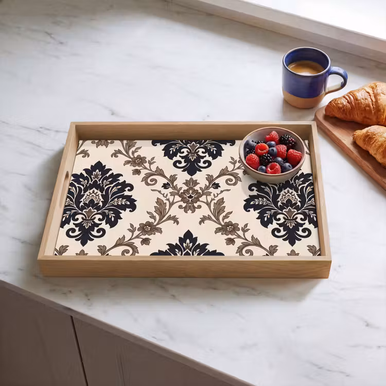 Tablett - Muster – Blumenmuster – Klassisch – Beige-Blau — 4