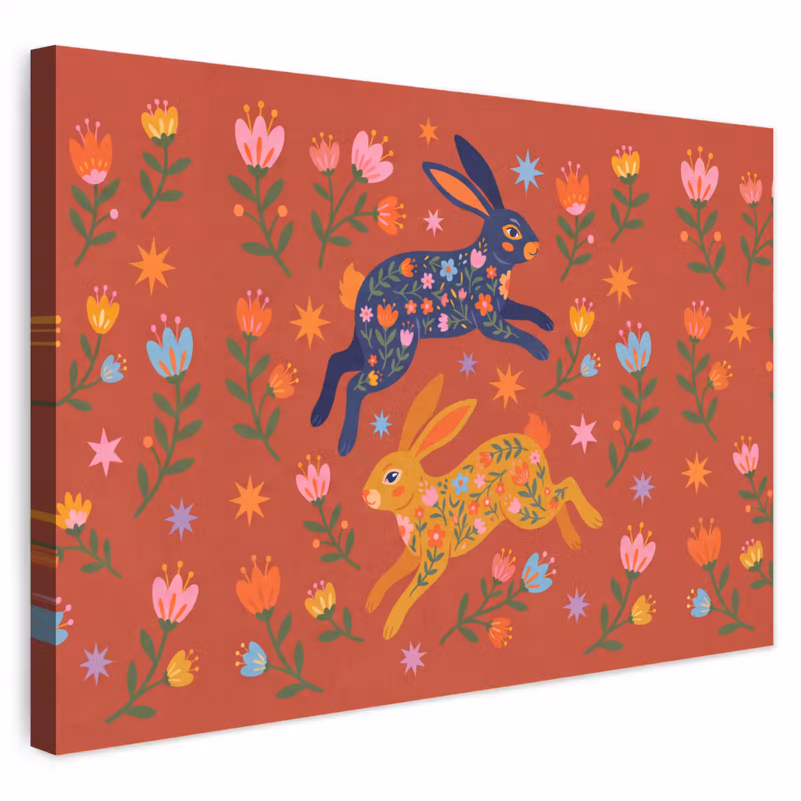Outdoor Leinwand - Kaninchen – Blumen – Volkskunst – Farbenfroh – Tiere — 1