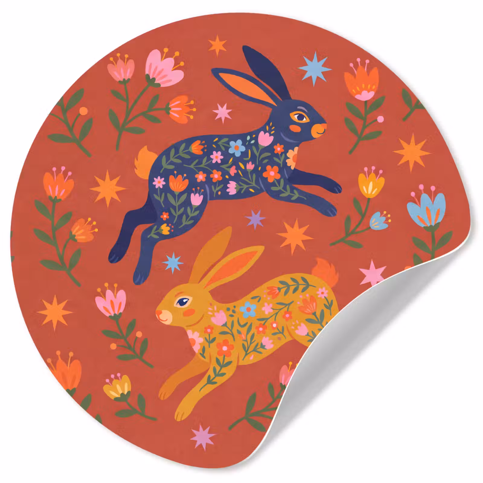 Runde Tapete - Kaninchen – Blumen – Volkskunst – Farbenfroh – Tiere — 1