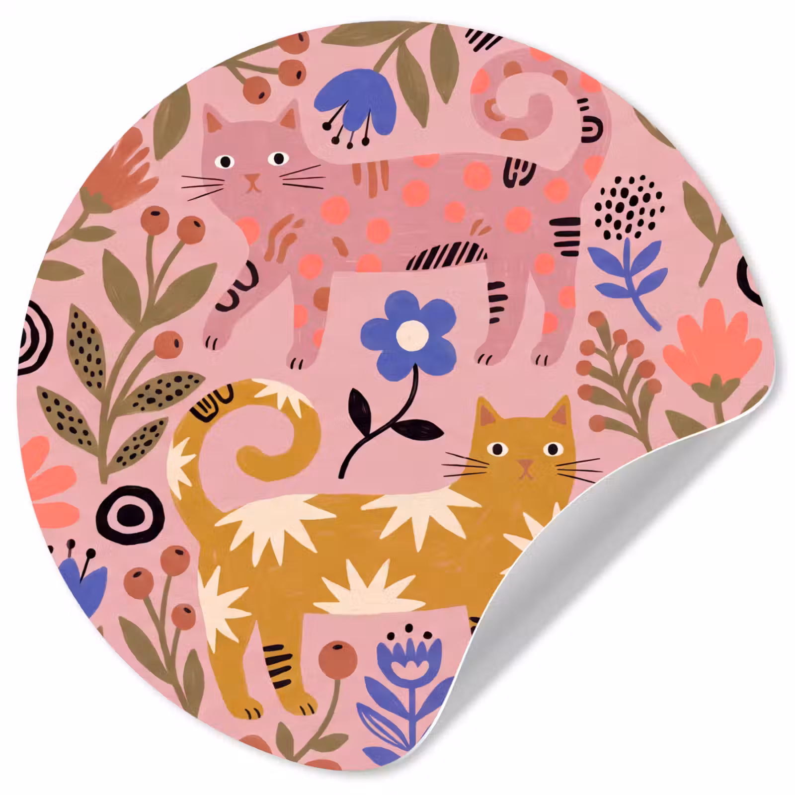 Runde Tapete - Katze – Blumen – Tiere – Modern – Rosa — 1