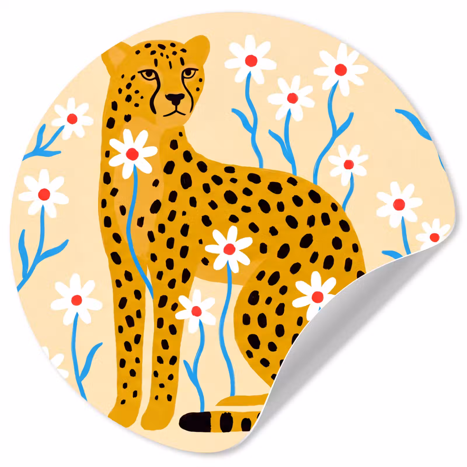Runde Tapete - Tiere – Gepard – Blumen – Modern – Gelb — 1