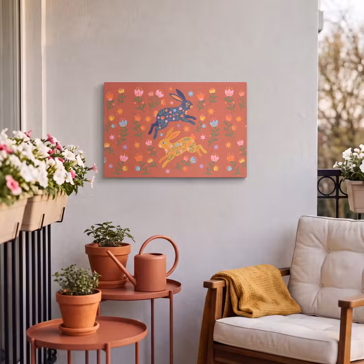 Outdoor Leinwand - Kaninchen – Blumen – Volkskunst – Farbenfroh – Tiere — 3
