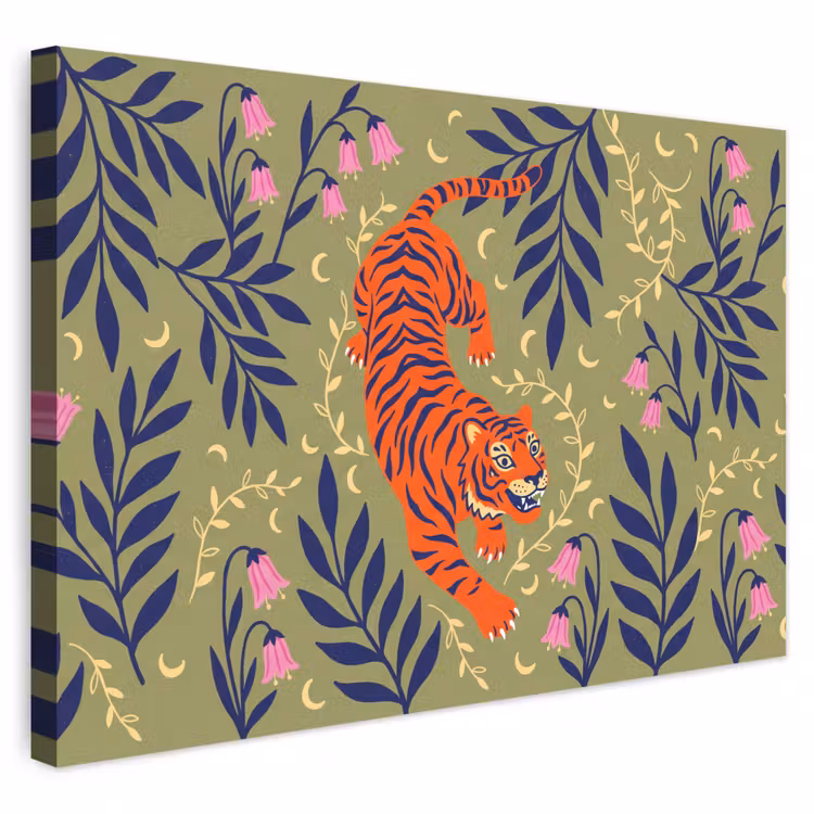 Outdoor Leinwand - Tiger – Blätter – Tiere – Illustration – Orange — 1
