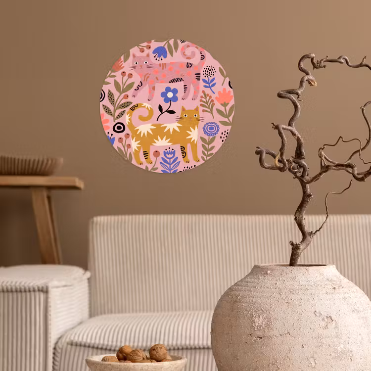 Runde Tapete - Katze – Blumen – Tiere – Modern – Rosa — 2