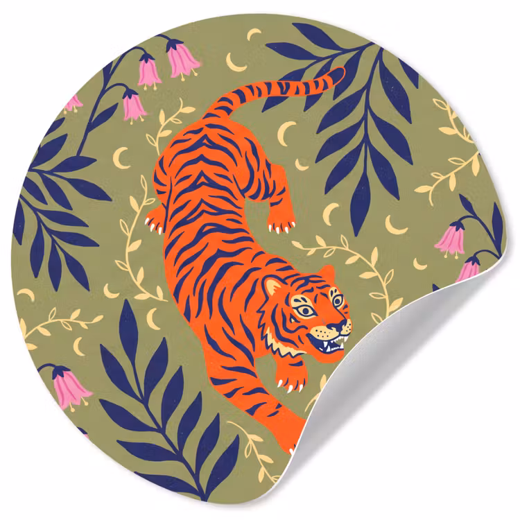 Runde Tapete - Tiger – Blätter – Tiere – Illustration – Orange — 1