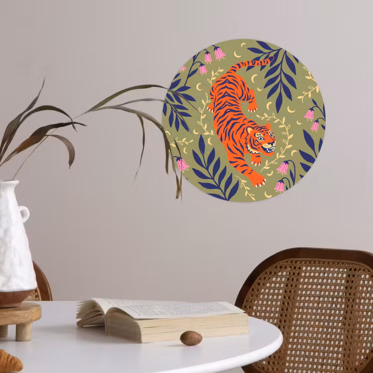 Runde Tapete - Tiger – Blätter – Tiere – Illustration – Orange — 4