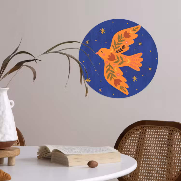 Runde Tapete - Vogel – Blumen – Dekorativ – Orange – Blau — 4