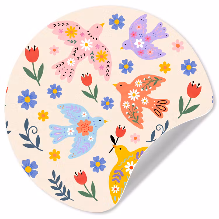 Runde Tapete - Vögel – Blumen – Folk – Bunt – Tiere — 1