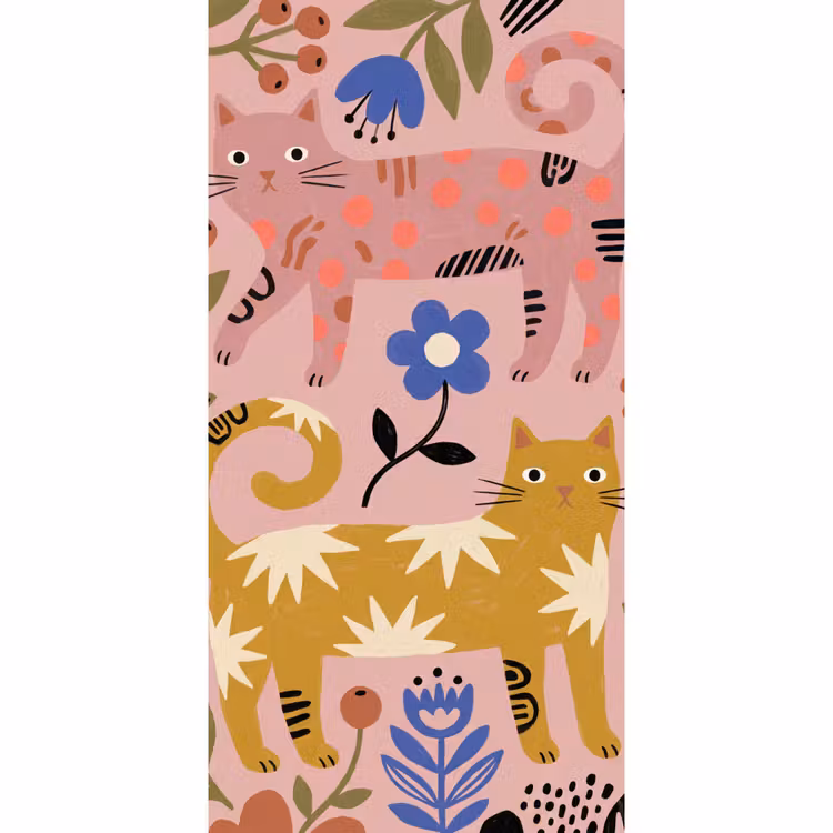 Tapete - Katze – Blumen – Tiere – Modern – Rosa — 2