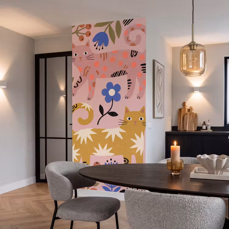 Tapete - Katze – Blumen – Tiere – Modern – Rosa — 5