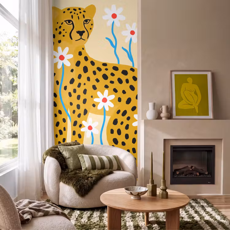 Tapete - Tiere – Gepard – Blumen – Modern – Gelb — 1