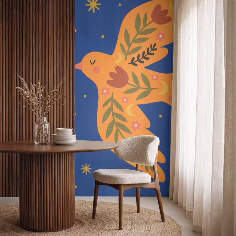 Tapete - Vogel – Blumen – Dekorativ – Orange – Blau — 4