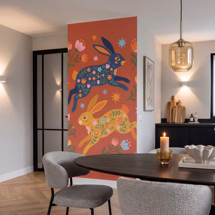 Tapete - Kaninchen – Blumen – Volkskunst – Farbenfroh – Tiere — 5