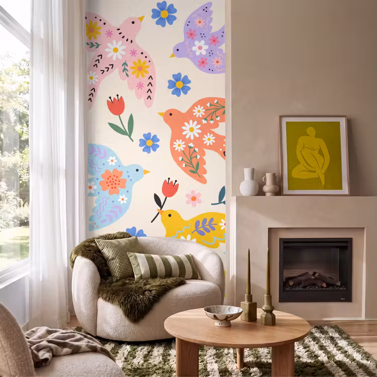 Tapete - Vögel – Blumen – Folk – Bunt – Tiere — 1