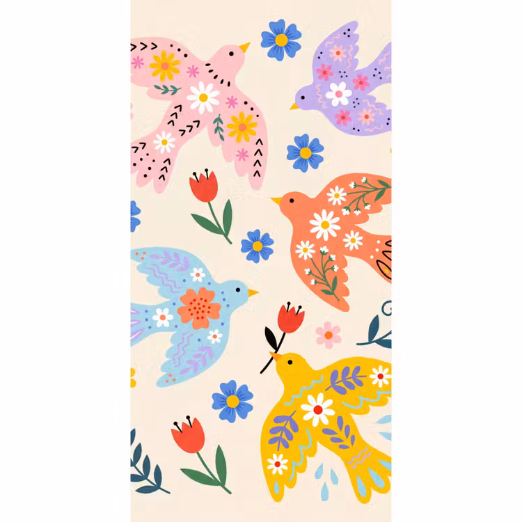 Tapete - Vögel – Blumen – Folk – Bunt – Tiere — 2