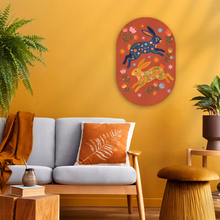Forexbild Oval - Kaninchen – Blumen – Volkskunst – Farbenfroh – Tiere — 2