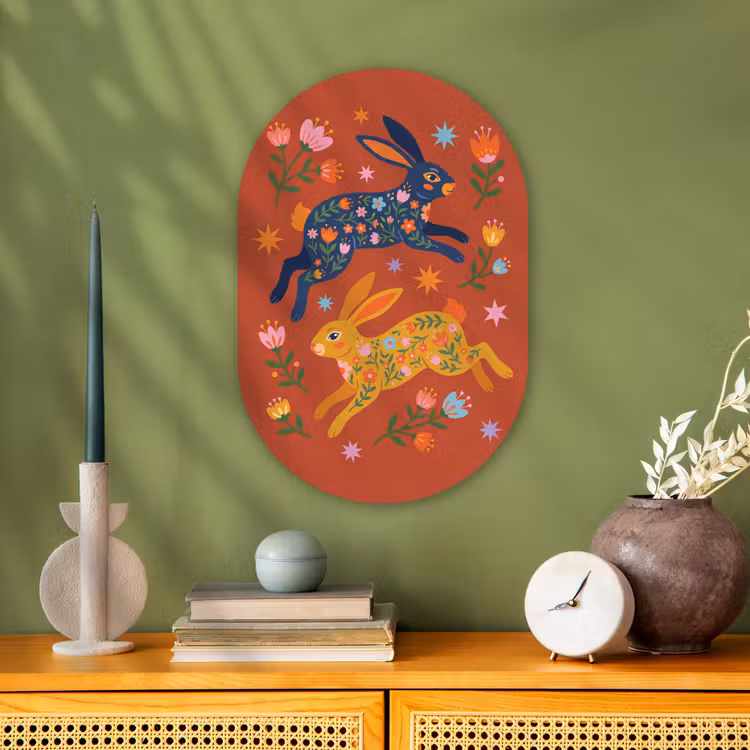 Forexbild Oval - Kaninchen – Blumen – Volkskunst – Farbenfroh – Tiere — 3