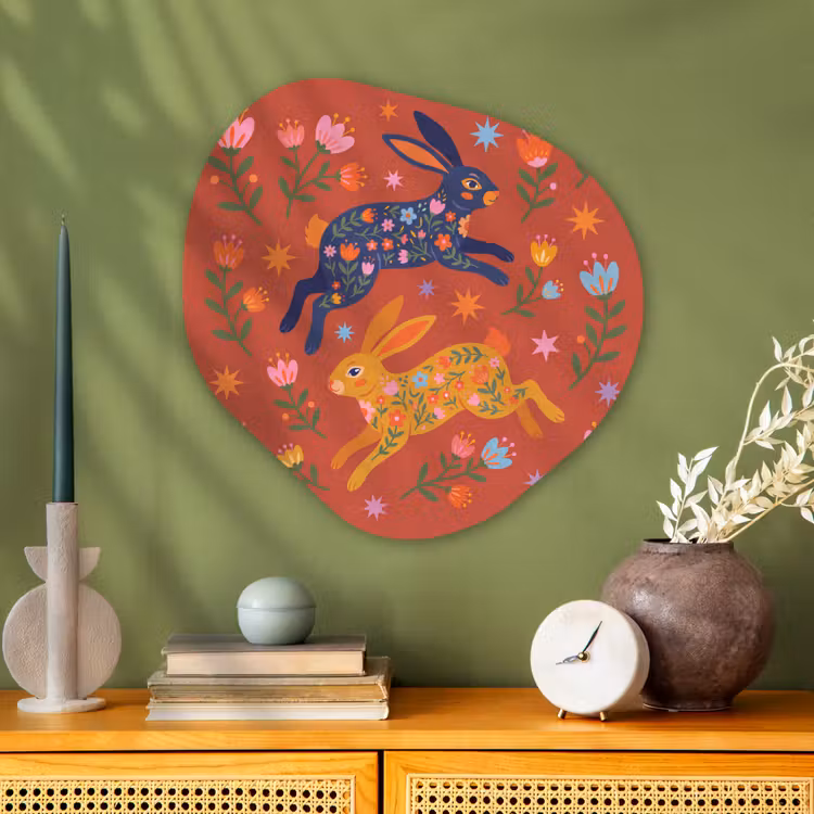 Glasbild Organische Form - Kaninchen – Blumen – Volkskunst – Farbenfroh – Tiere — 2