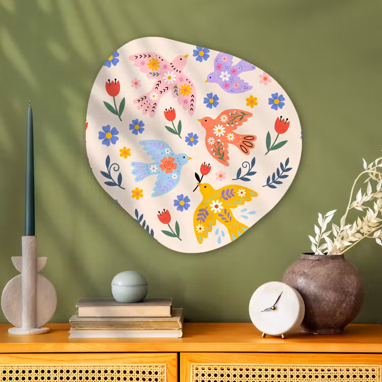 Glasbild Organische Form - Vögel – Blumen – Folk – Bunt – Tiere — 2