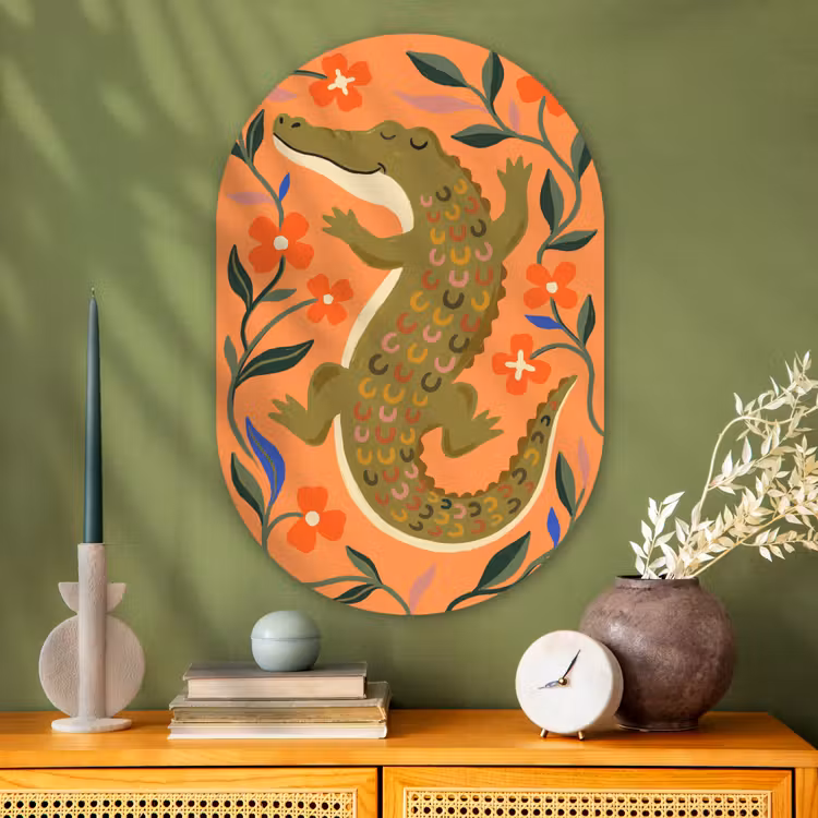 Glasbild Oval - Tiere – Blumen – Orange – Illustration – Natur — 2