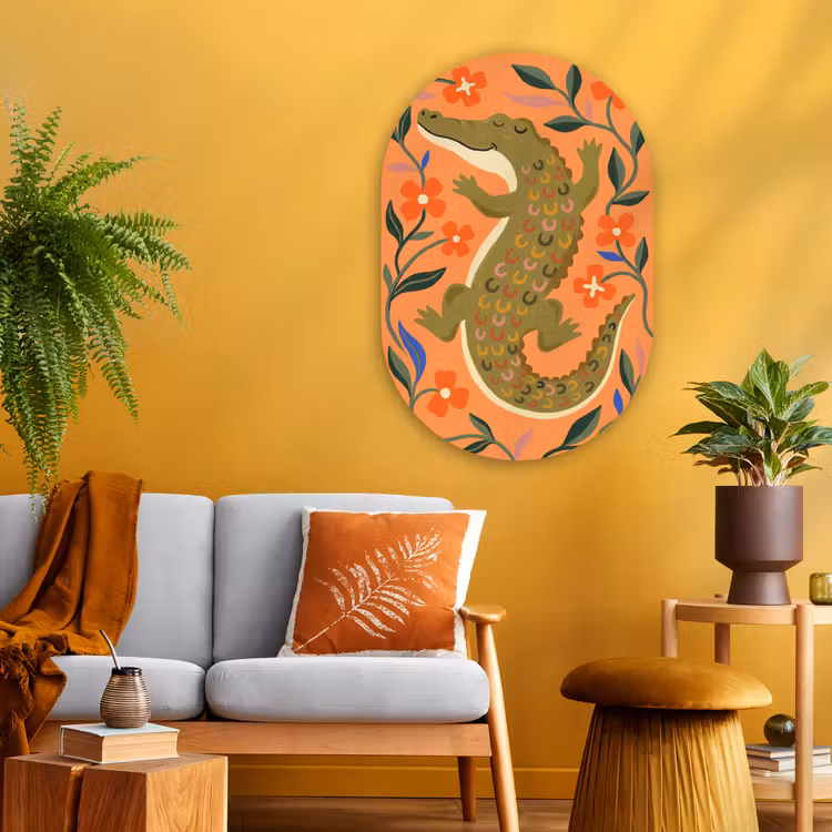 Glasbild Oval - Tiere – Blumen – Orange – Illustration – Natur — 3