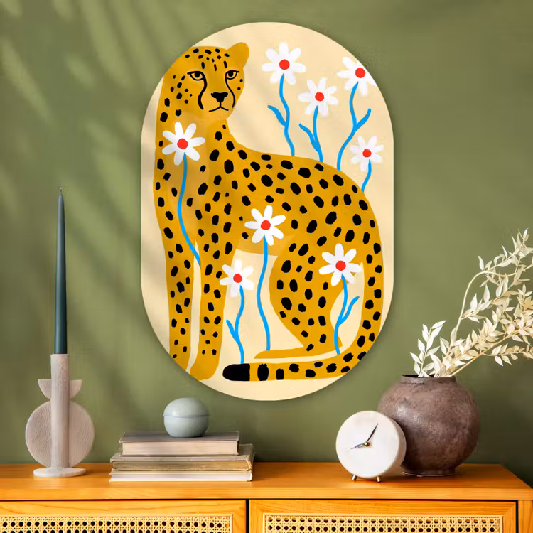 Glasbild Oval - Tiere – Gepard – Blumen – Modern – Gelb — 2