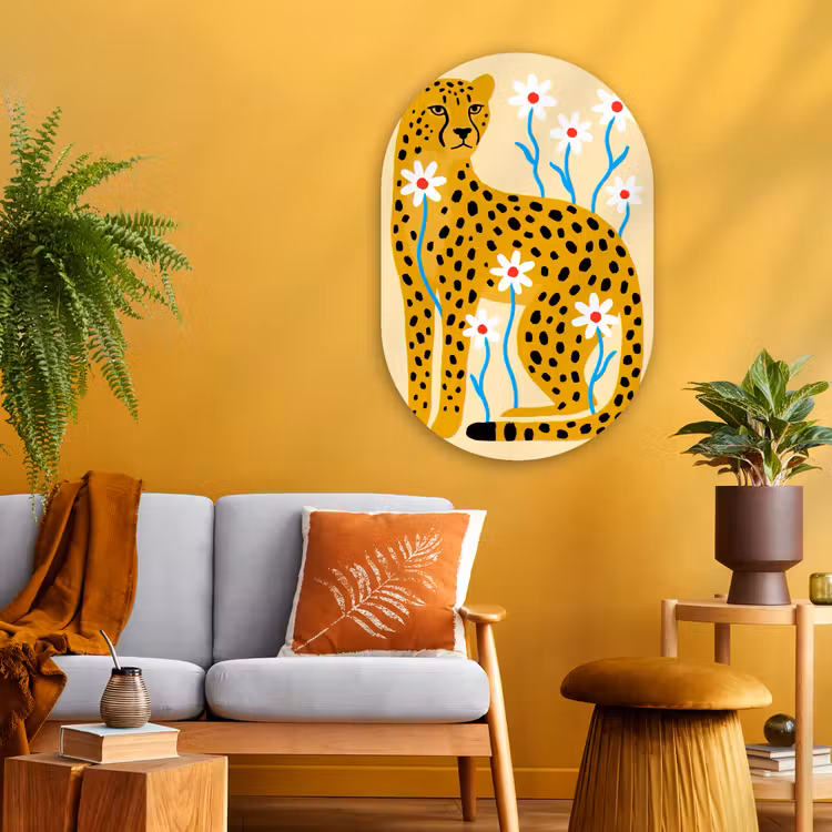 Glasbild Oval - Tiere – Gepard – Blumen – Modern – Gelb — 3
