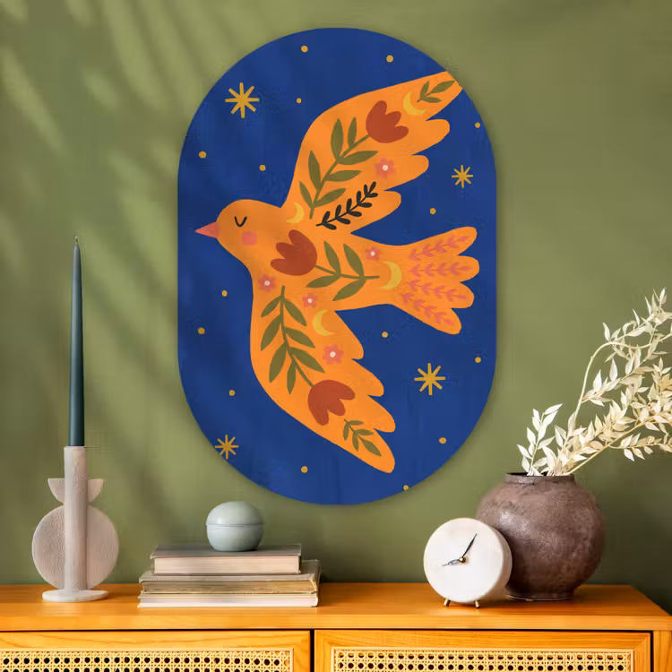 Glasbild Oval - Vogel – Blumen – Dekorativ – Orange – Blau — 2
