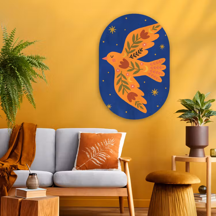 Glasbild Oval - Vogel – Blumen – Dekorativ – Orange – Blau — 3