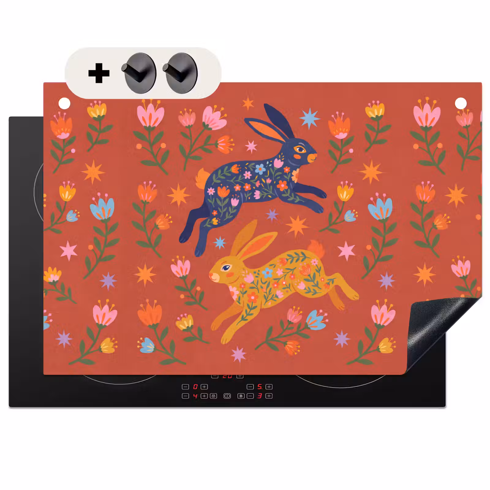 2-in-1 Herdabdeckplatte & Spritzschutz - Kaninchen – Blumen – Volkskunst – Farbenfroh – Tiere — 1
