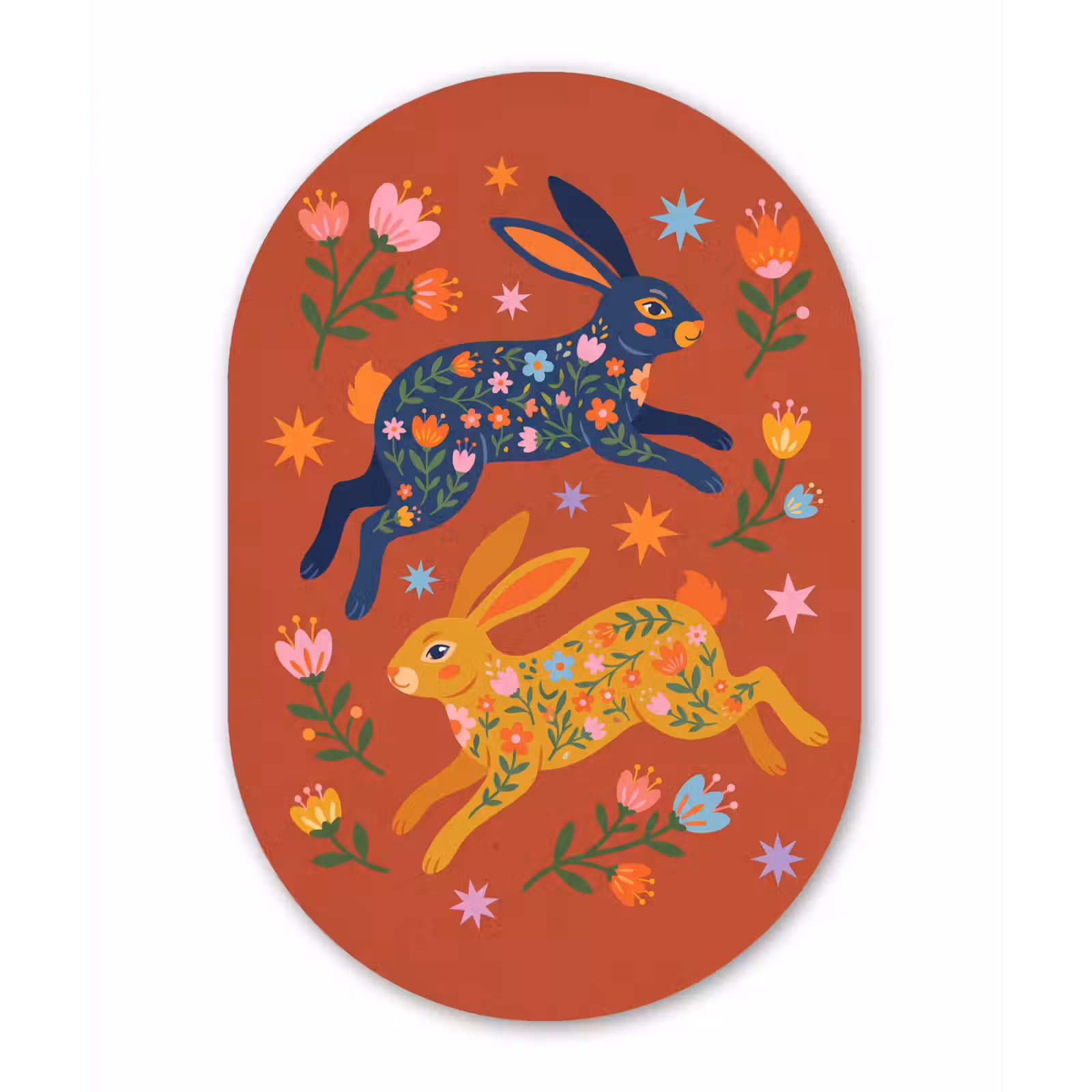 Glasbild Oval - Kaninchen – Blumen – Volkskunst – Farbenfroh – Tiere — 1