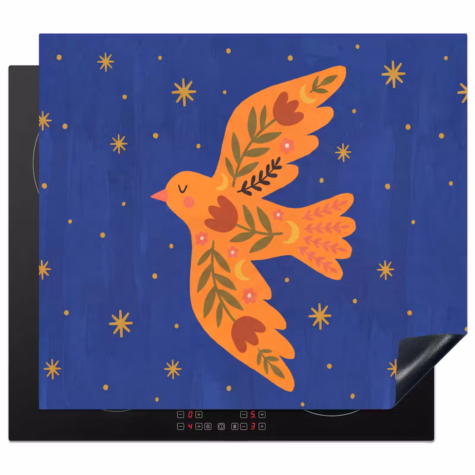 Herdabdeckplatte - Vogel – Blumen – Dekorativ – Orange – Blau — 1