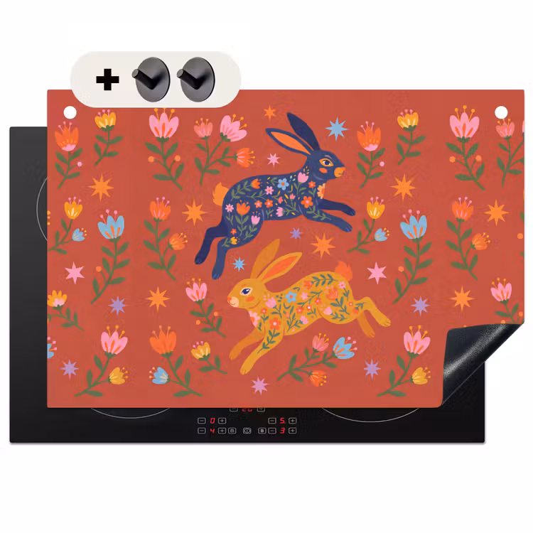 2-in-1 Herdabdeckplatte & Spritzschutz - Kaninchen – Blumen – Volkskunst – Farbenfroh – Tiere — 1
