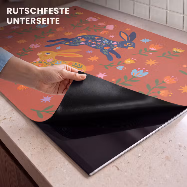 2-in-1 Herdabdeckplatte & Spritzschutz - Kaninchen – Blumen – Volkskunst – Farbenfroh – Tiere — 4