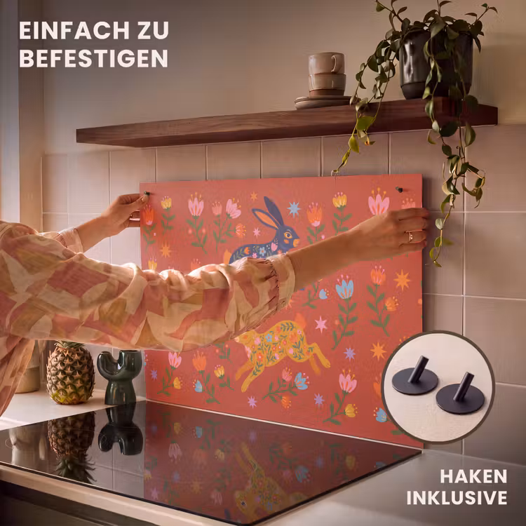 2-in-1 Herdabdeckplatte & Spritzschutz - Kaninchen – Blumen – Volkskunst – Farbenfroh – Tiere — 7