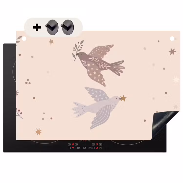 2-in-1 Herdabdeckplatte & Spritzschutz - Vogel – Beeren – Natur – Modern – Beige — 1