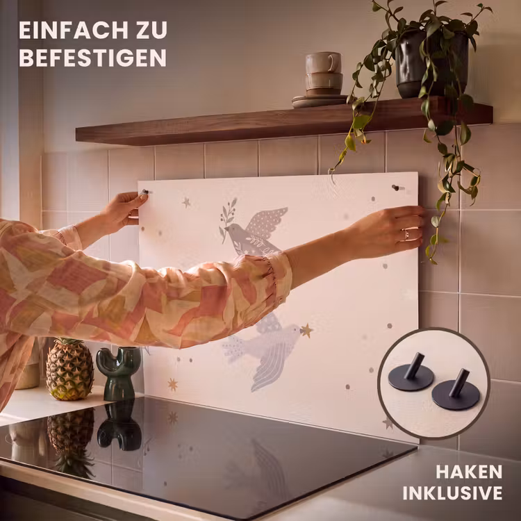 2-in-1 Herdabdeckplatte & Spritzschutz - Vogel – Beeren – Natur – Modern – Beige — 7