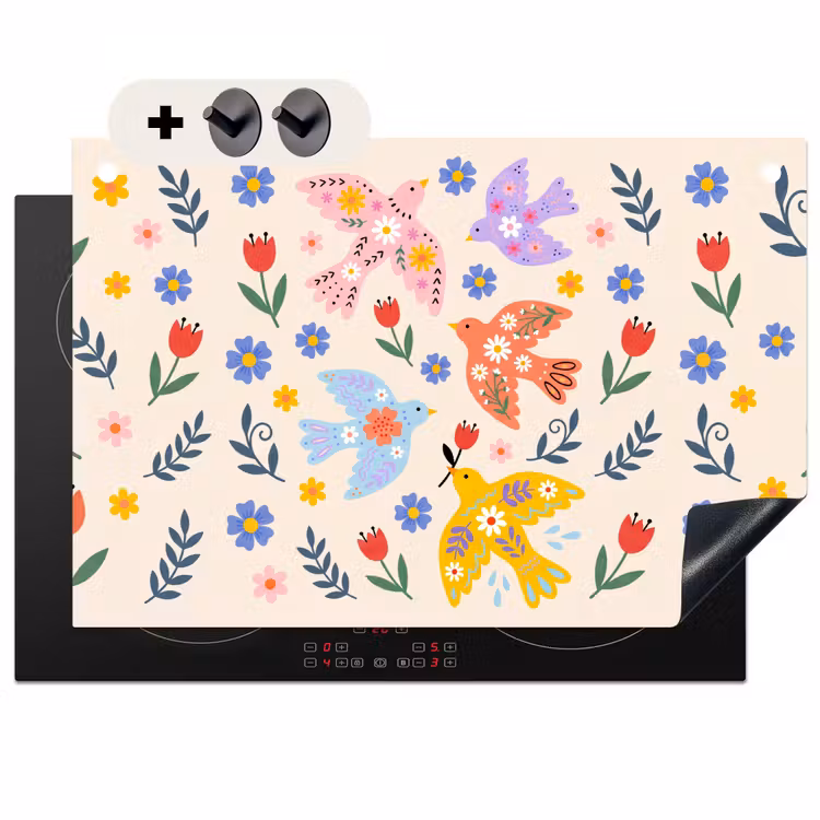 2-in-1 Herdabdeckplatte & Spritzschutz - Vögel – Blumen – Folk – Bunt – Tiere — 1