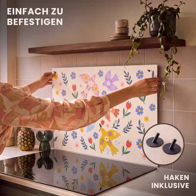 2-in-1 Herdabdeckplatte & Spritzschutz - Vögel – Blumen – Folk – Bunt – Tiere — 7